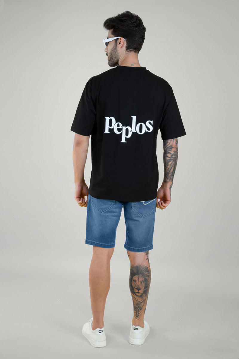 Men's Black Oversized T-Shirt - Printed Tee - Peplos Jeans 