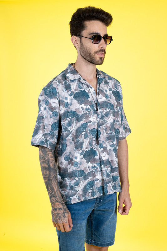 Men's Cuban Collar Shirt - Abstract Blue Print