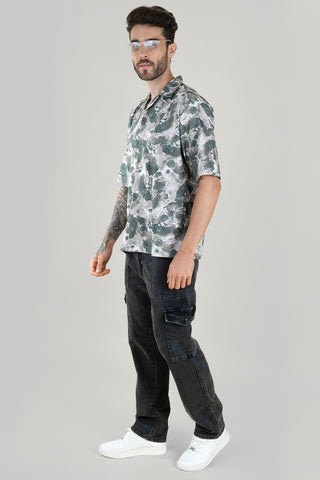 Green Leaf Print Cuban Collar Shirt