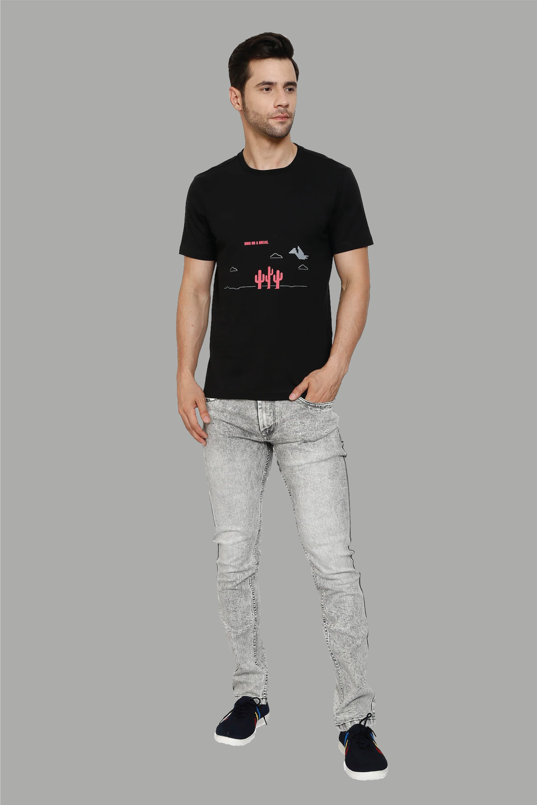 Men's Black Dino On Break Printed Round Neck T-Shirt - Peplos Jeans 