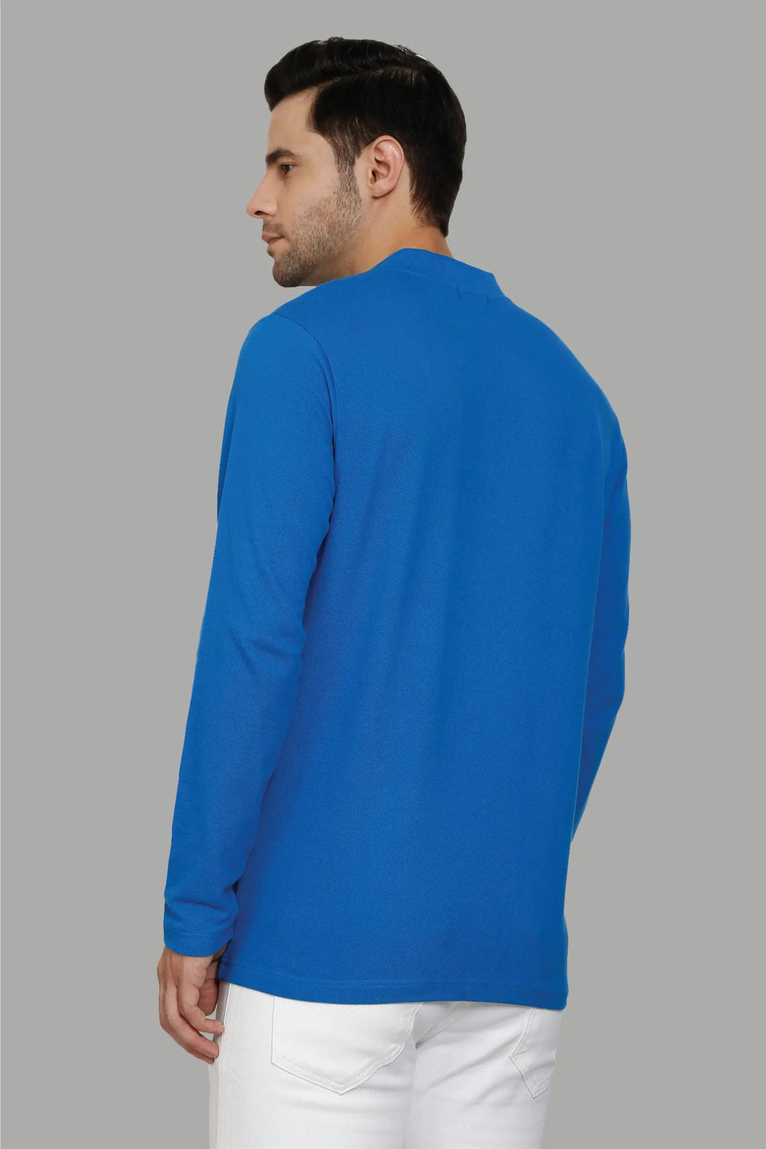 Men's Regular Fit Polo neck Bright Blue T-Shirt with Zip Closer - Peplos Jeans 