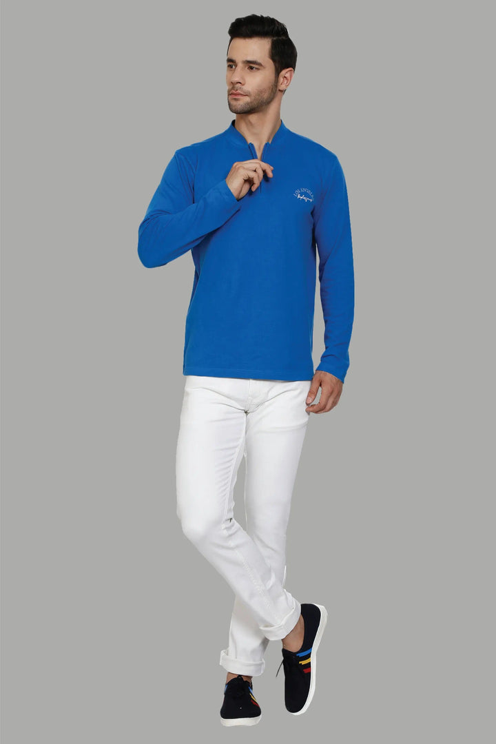 Men's Regular Fit Polo neck Bright Blue T-Shirt with Zip Closer - Peplos Jeans 