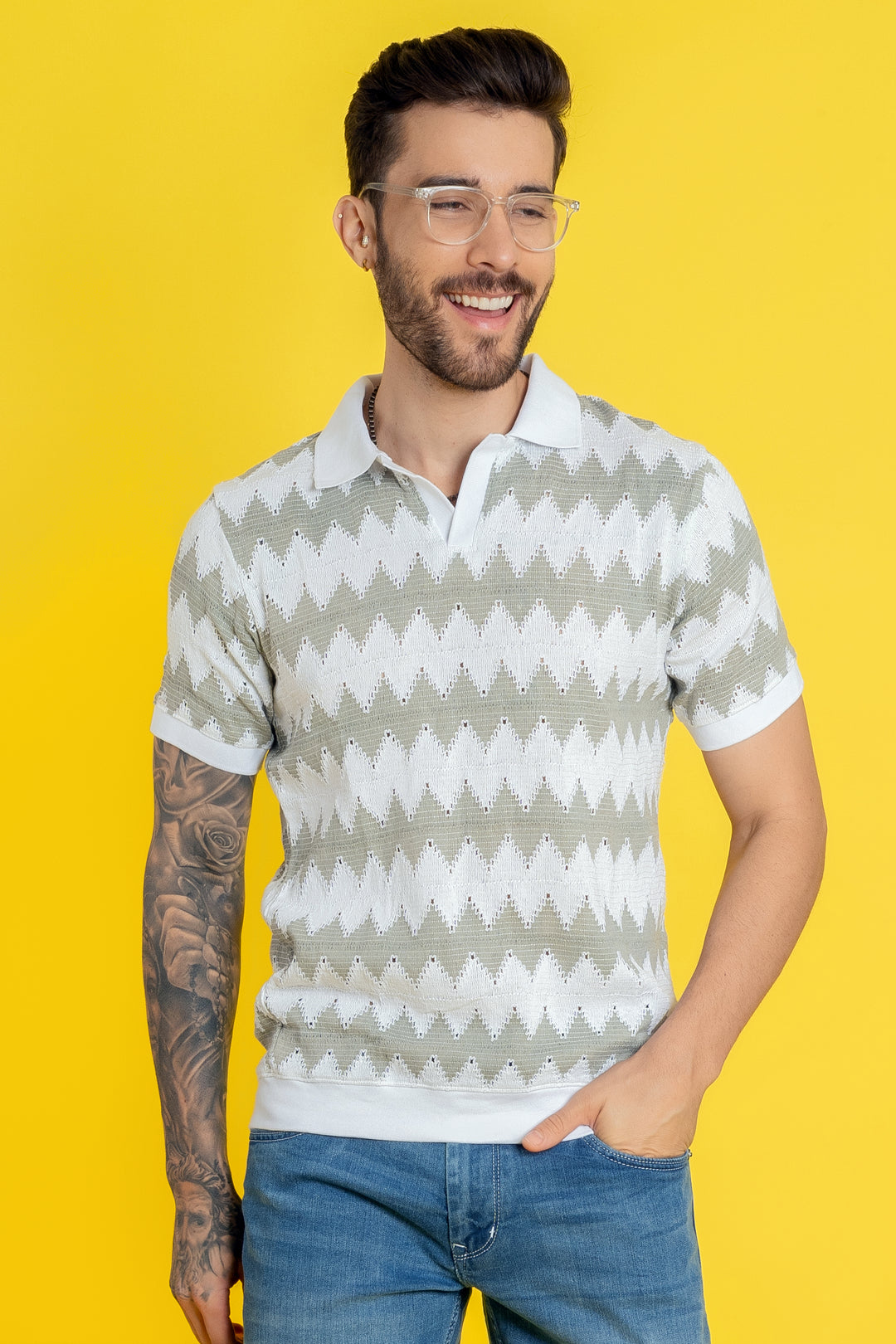 Men's Grey Cotton T-Shirt - Textured Polo Neck