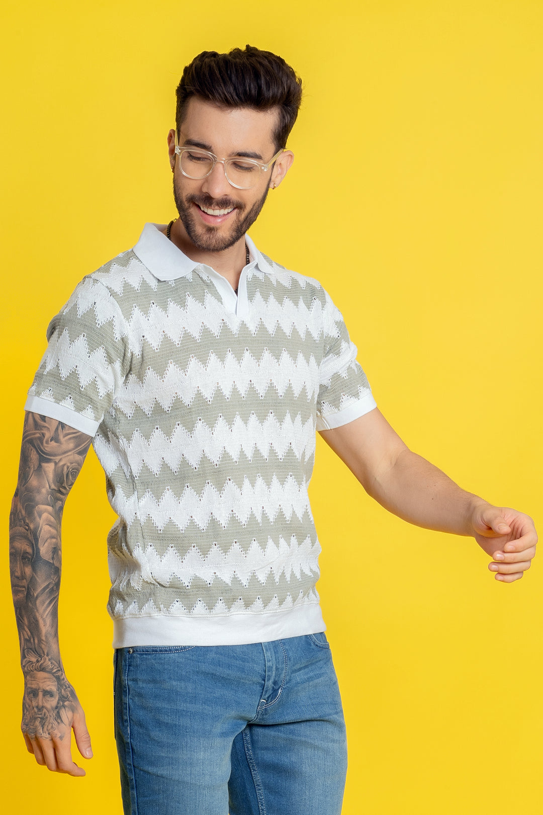 Men's Grey Cotton T-Shirt - Textured Polo Neck