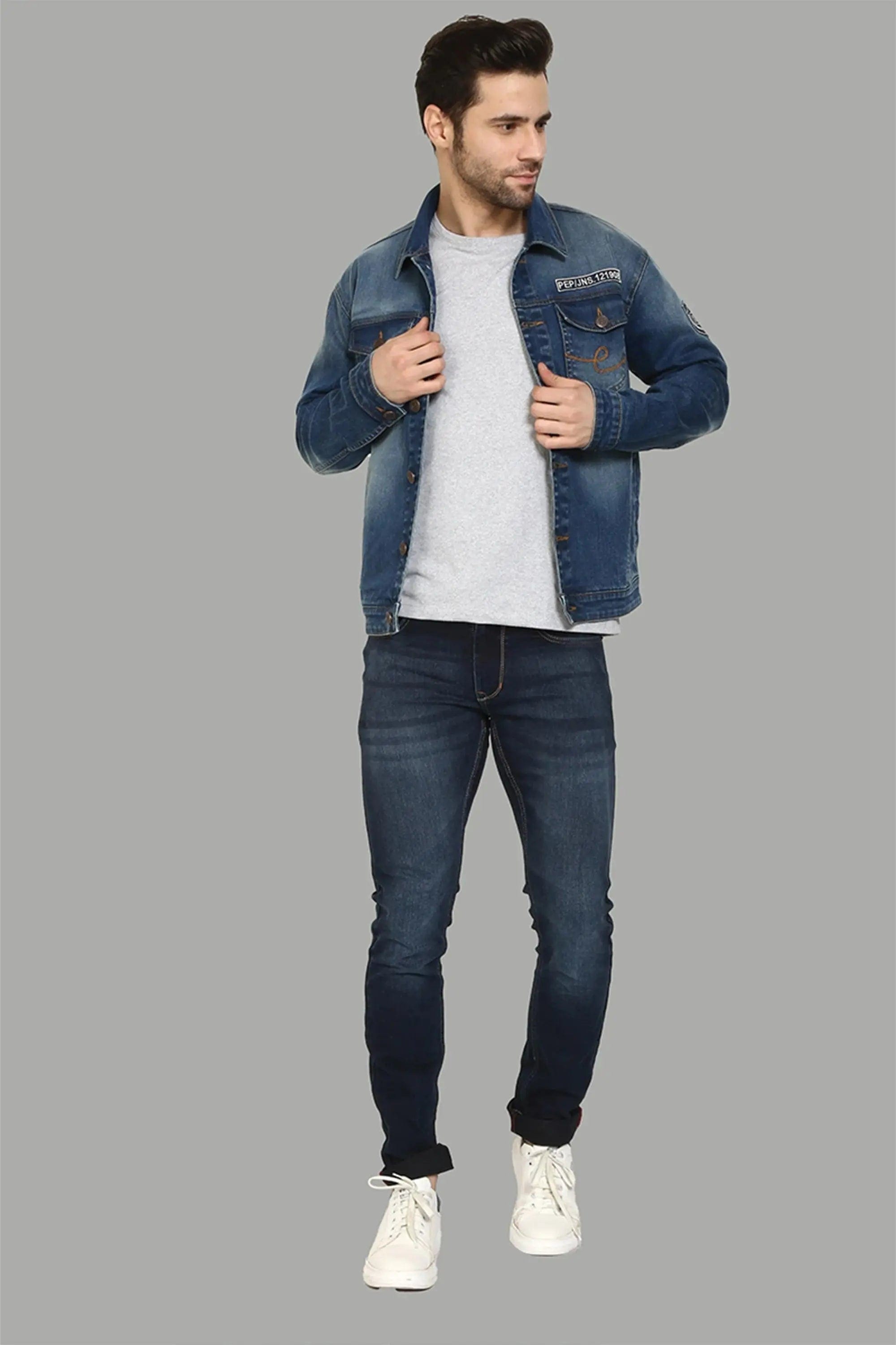 Men's Blue Denim Jacket, Grey Crew-neck T-shirt, Navy Jeans, Navy Suede  Brogues | Denim jacket men, Light blue dress shirt, Blue denim jacket