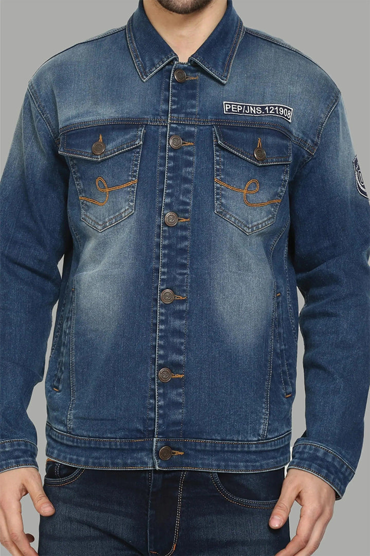 Regular Fit Dark Blue Denim Jacket for Men - Peplos Jeans 