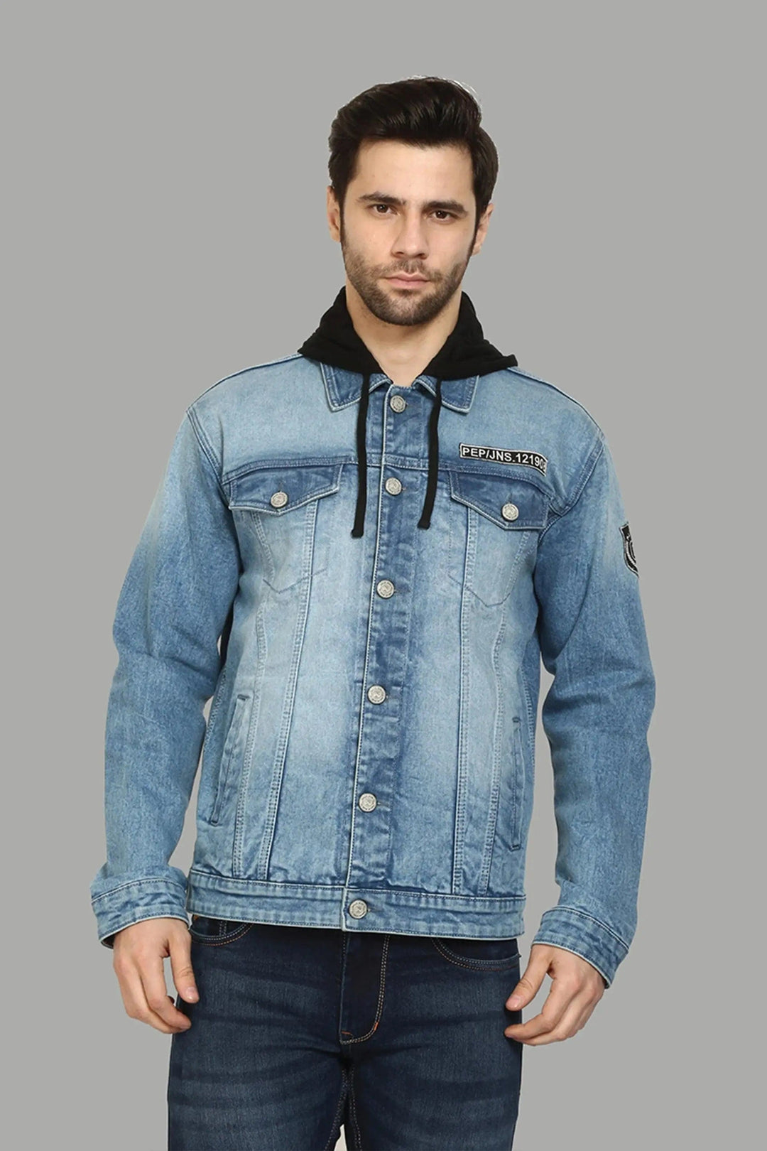 Men's Regular Fit Light Blue Denim Jacket with Hooded