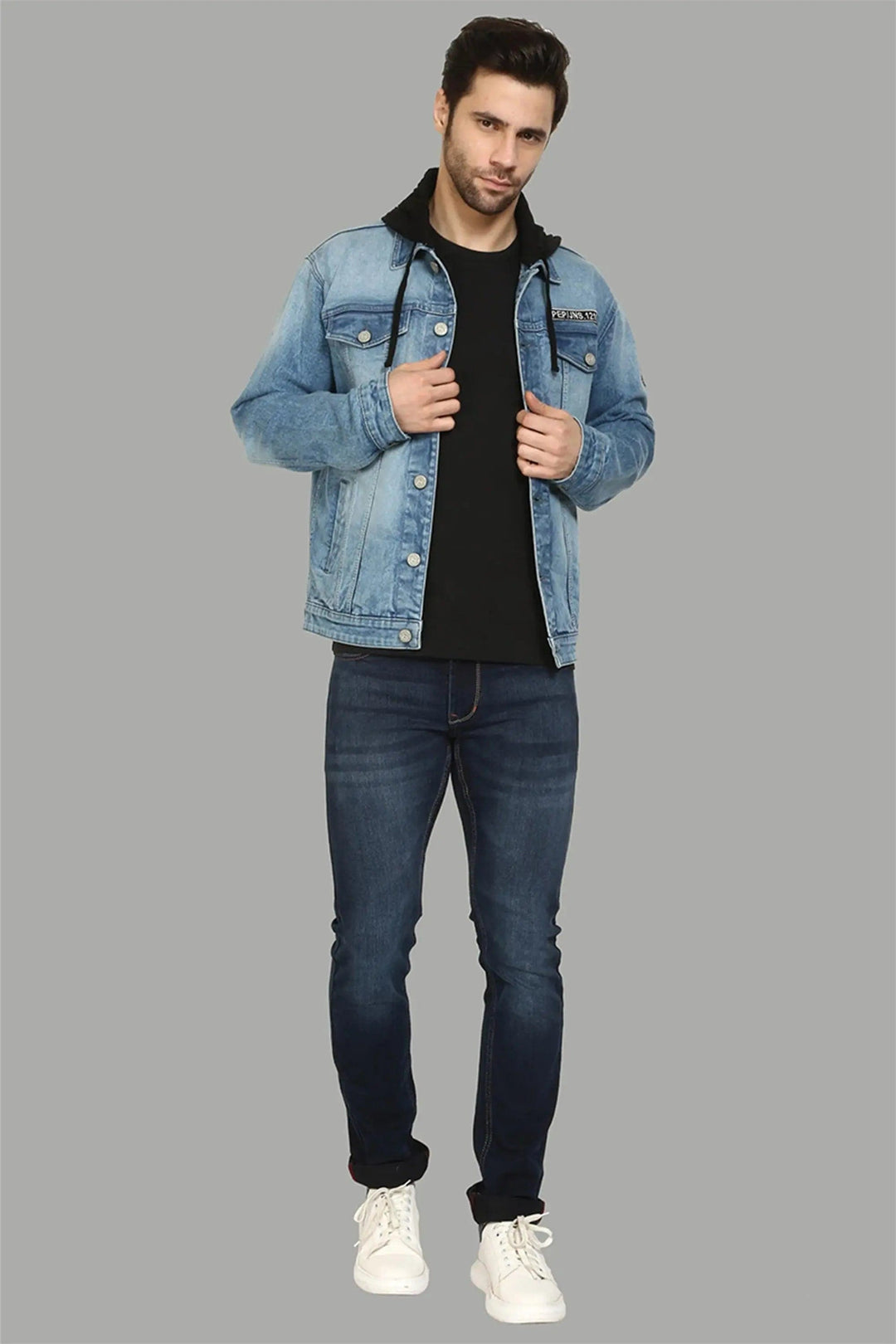 Men's Regular Fit Light Blue Denim Jacket with Hooded - Peplos Jeans 