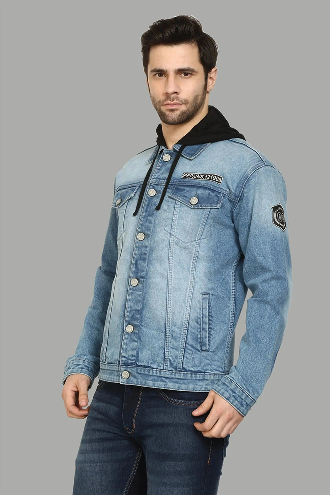Men's Regular Fit Light Blue Denim Jacket with Hooded - Peplos Jeans 