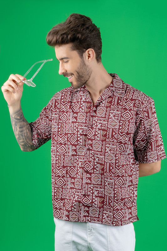 Men's Maroon Cotton Oversized Shirt - Tribal Print - Cuban Collar