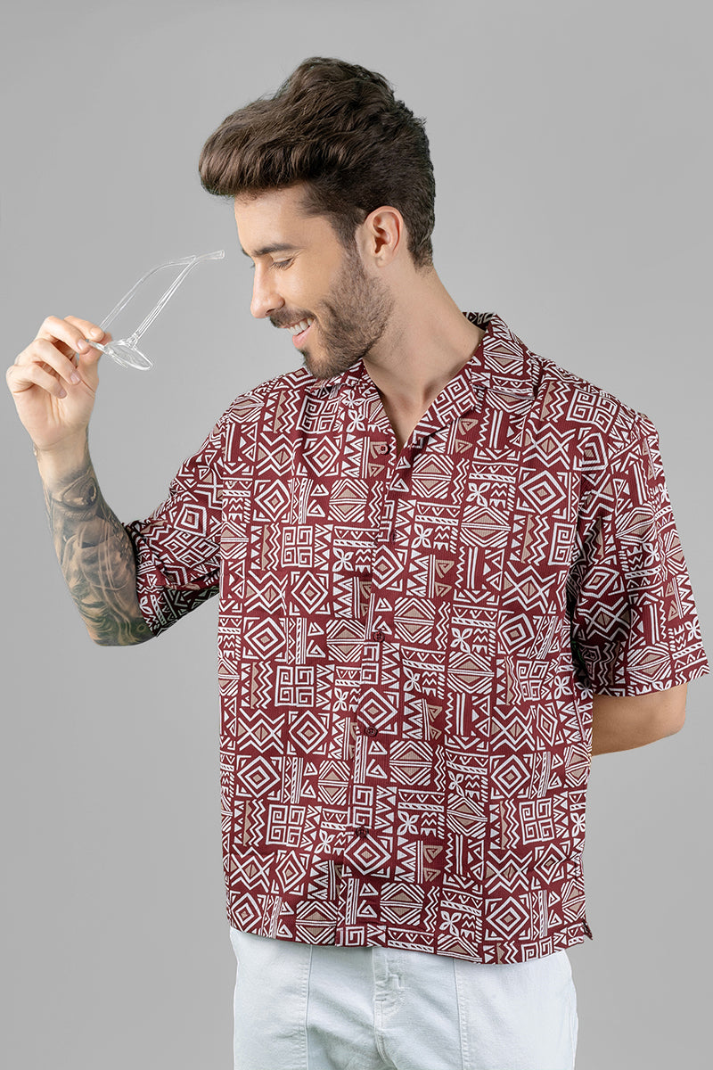 Oversized Burgundy Tribal Pattern Shirt