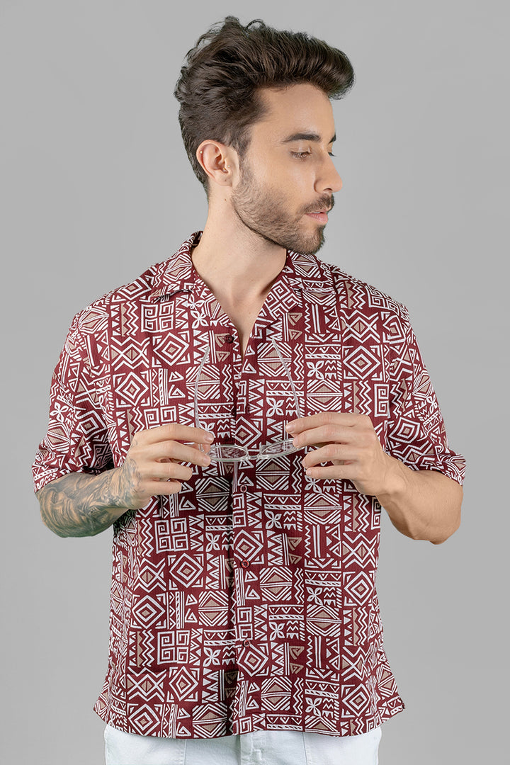 Oversized Burgundy Tribal Pattern Shirt