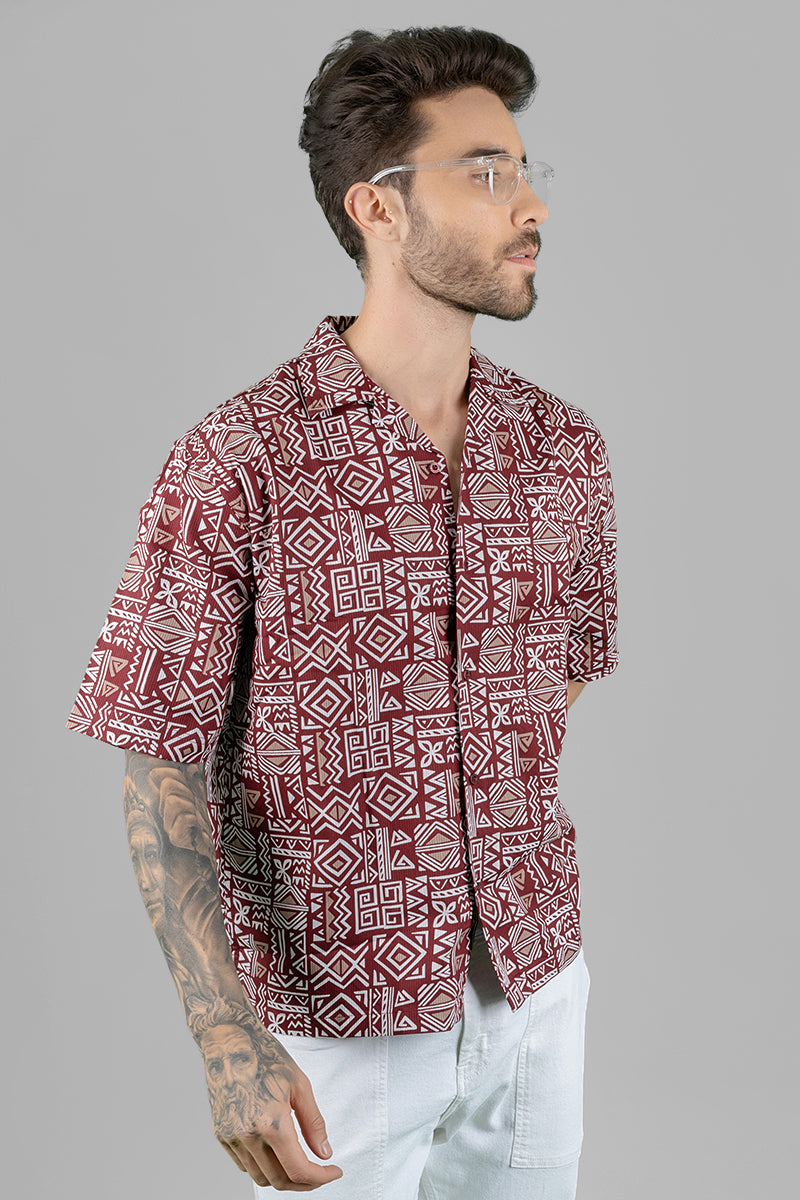 Oversized Burgundy Tribal Pattern Shirt