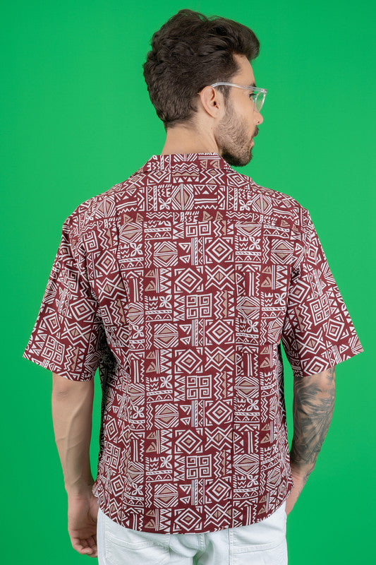 Men's Maroon Oversized Shirt with Tribal Print