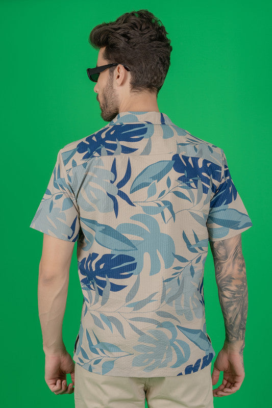 Men's Regular Fit Cuban Collar Cotton Shirt with Tropical Print - Blue Flower