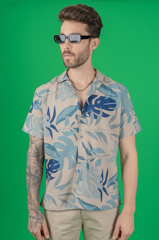 Men's Regular Fit Cuban Collar Cotton Shirt with Tropical Print - Blue Flower
