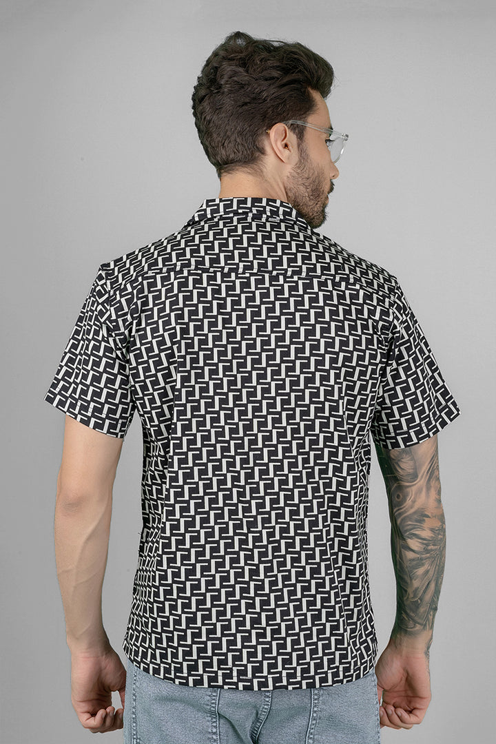 Men's Regular Fit Cuban Collar Shirt - Black Geometric Print - Peplos Jeans 