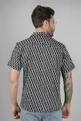 Men's Regular Fit Cuban Collar Shirt - Black Geometric Print