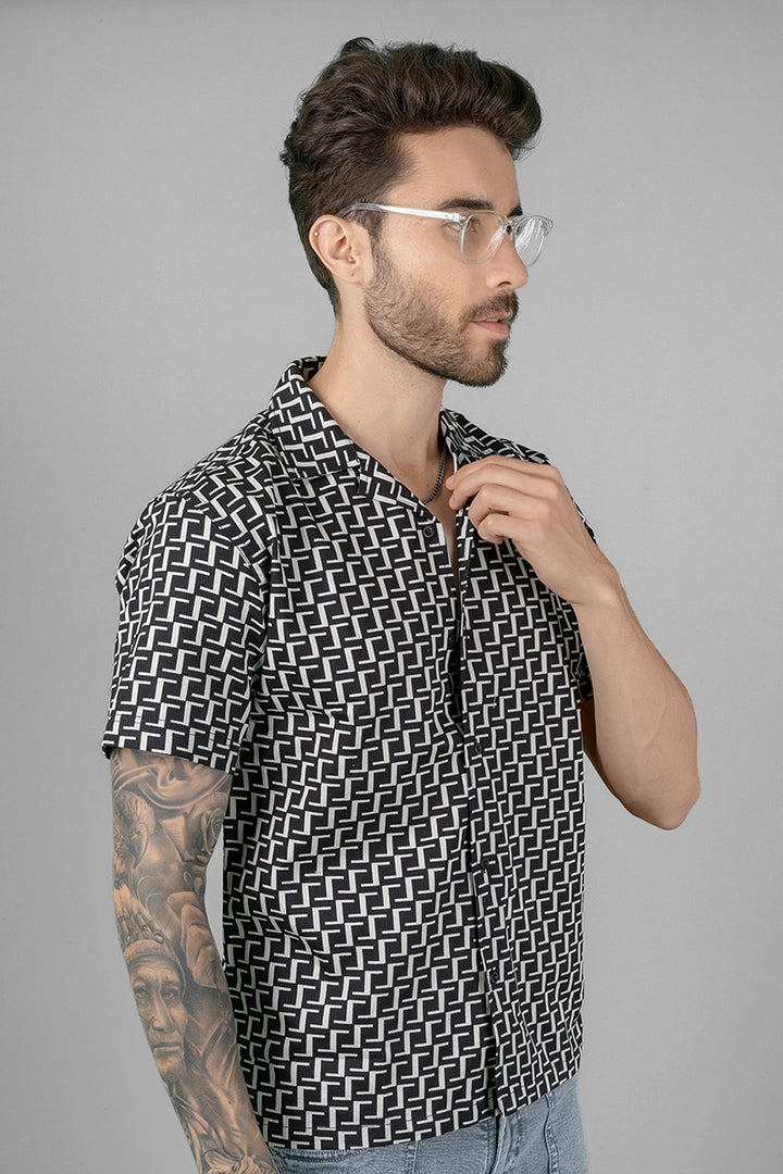 Men's Regular Fit Cuban Collar Shirt - Black Geometric Print - Peplos Jeans 