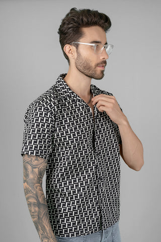 Men's Regular Fit Cuban Collar Shirt - Black Geometric Print