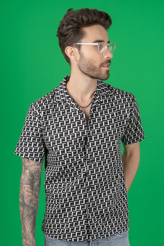 Men's Regular Fit Cuban Collar Cotton Shirt - Black Geometric Print