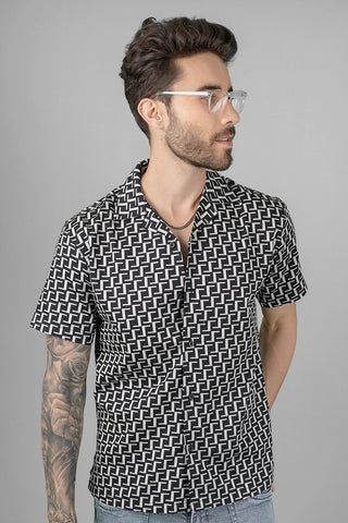 Men's Regular Fit Cuban Collar Shirt - Black Geometric Print