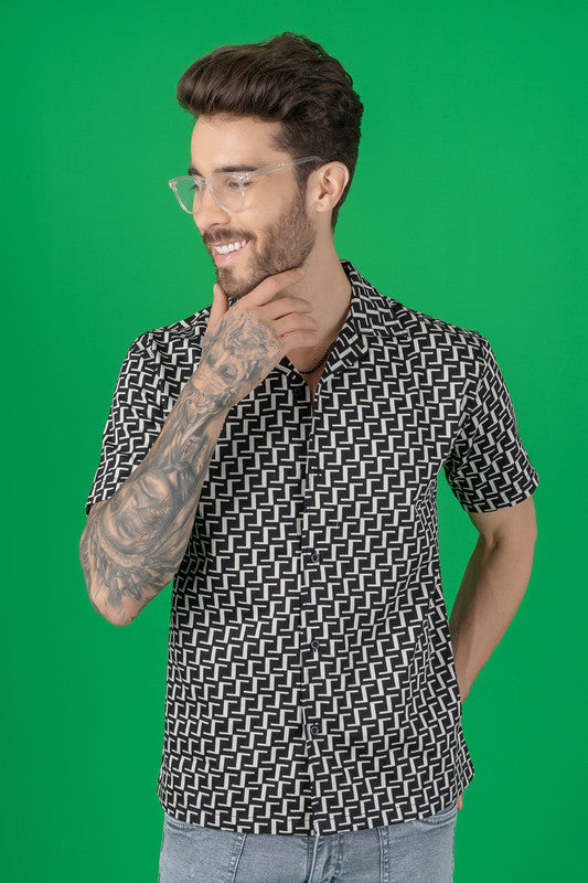 Men's Regular Fit Cuban Collar Shirt - Black Geometric Print