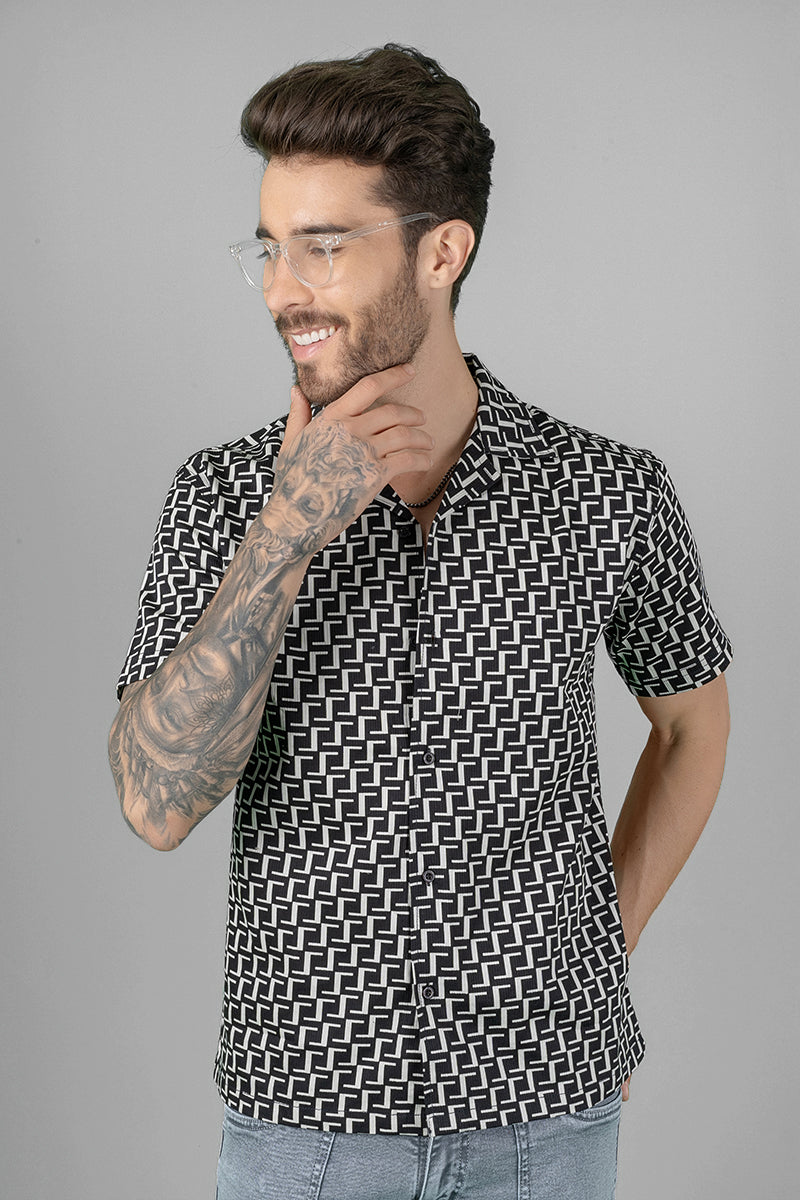 Men's Regular Fit Cuban Collar Shirt - Black Geometric Print - Peplos Jeans 