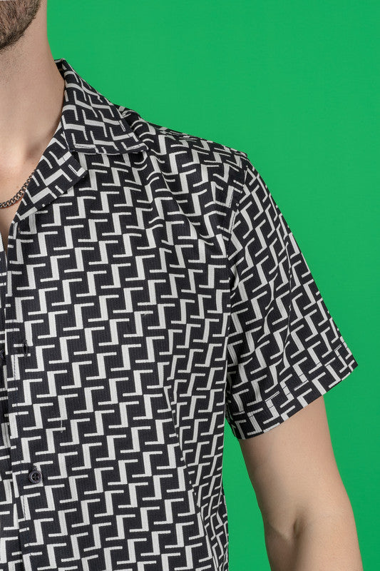 Men's Regular Fit Cuban Collar Shirt - Black Geometric Print