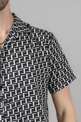 Men's Regular Fit Cuban Collar Shirt - Black Geometric Print