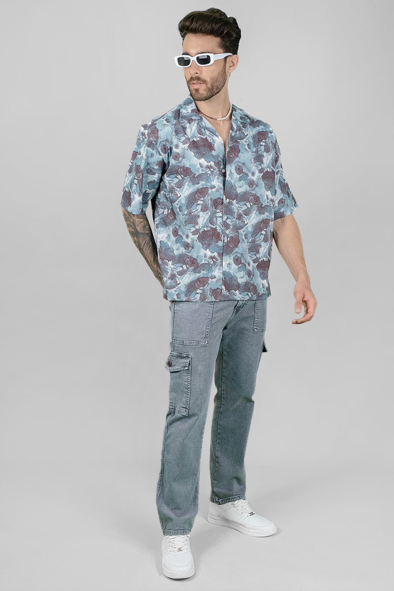 Men's Cuban Collar Shirt - Abstract Turquoise Print