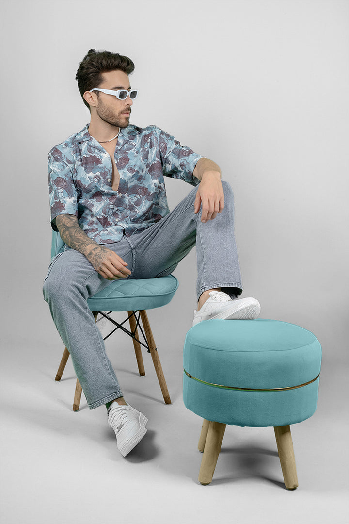 Men's Cuban Collar Shirt - Abstract Turquoise Print
