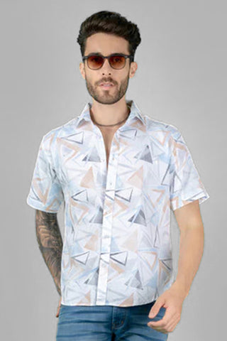 Geometric Print White Cotton Casual Shirt