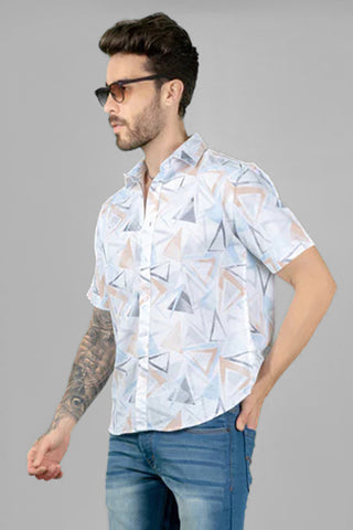 Geometric Print White Cotton Casual Shirt