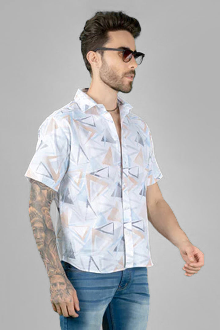 Men's White Cotton Casual Shirt - Geometric Print