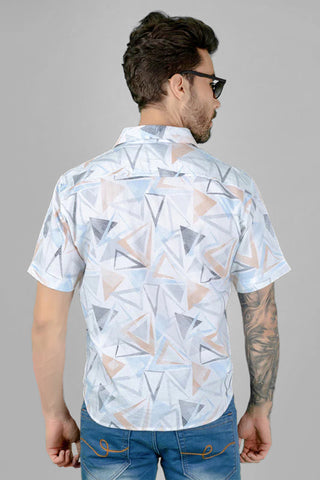 Geometric Print White Cotton Casual Shirt