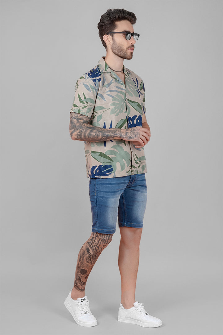 Blue Green Tropical Print Cuban Collar Shirt