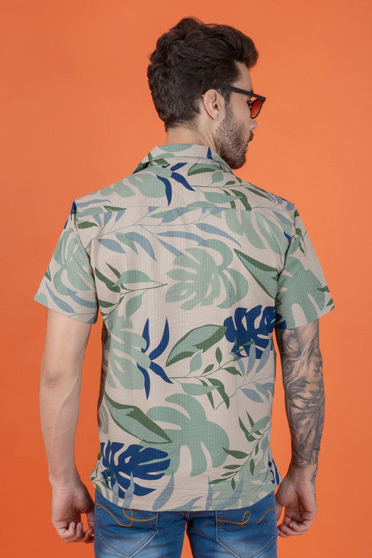 Men's Regular Fit Cuban Collar Cotton Shirt with Tropical Print - Green Flower