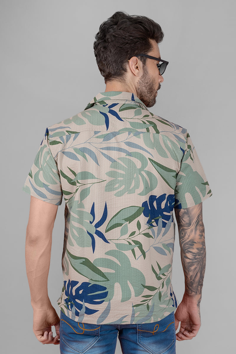 Blue Green Tropical Print Cuban Collar Shirt