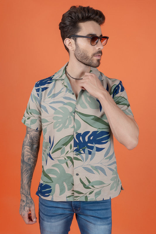 Men's Regular Fit Cuban Collar Cotton Shirt with Tropical Print - Green Flower