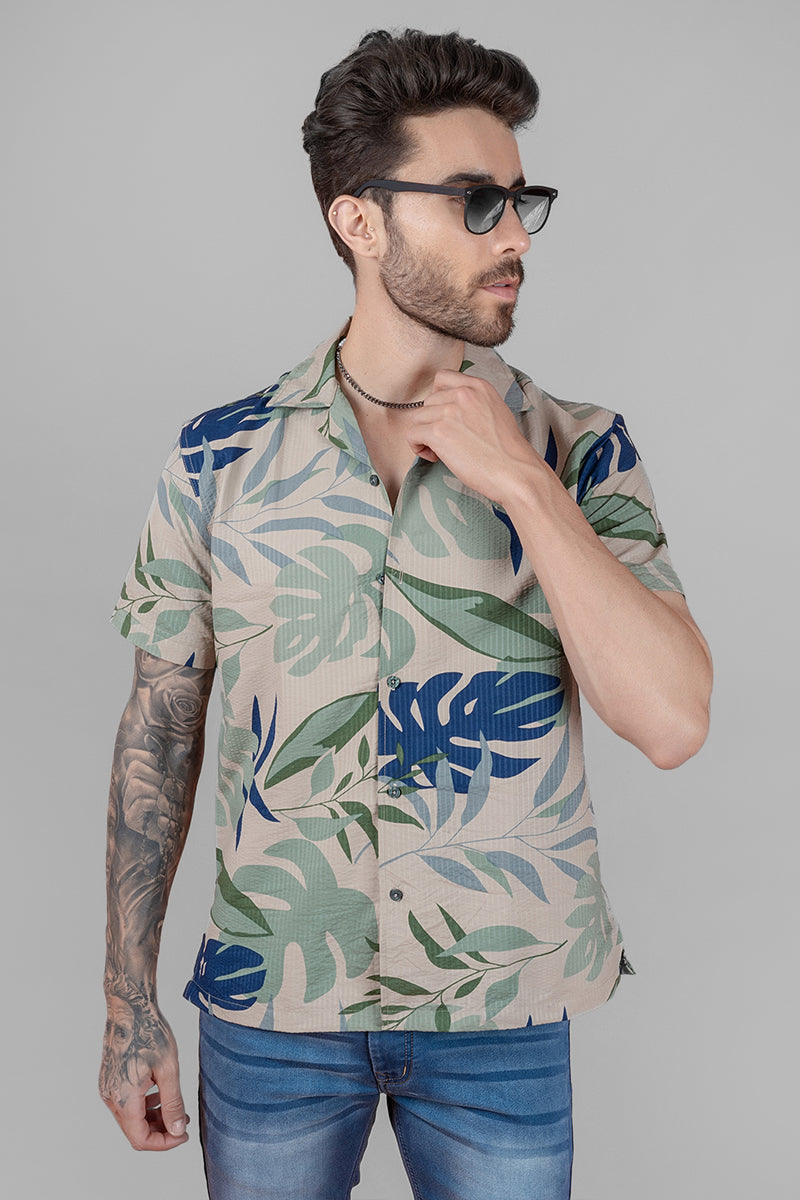 Blue Green Tropical Print Cuban Collar Shirt