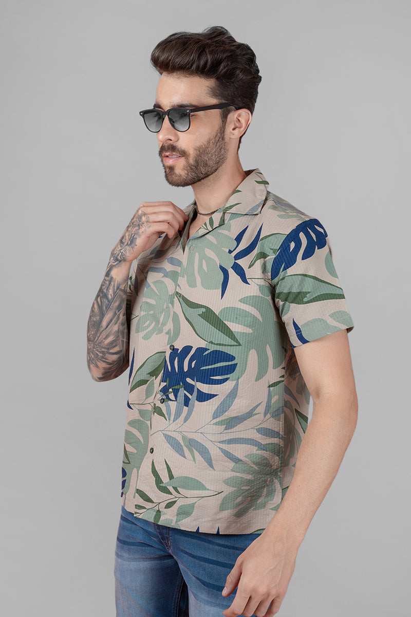 Blue Green Tropical Print Cuban Collar Shirt