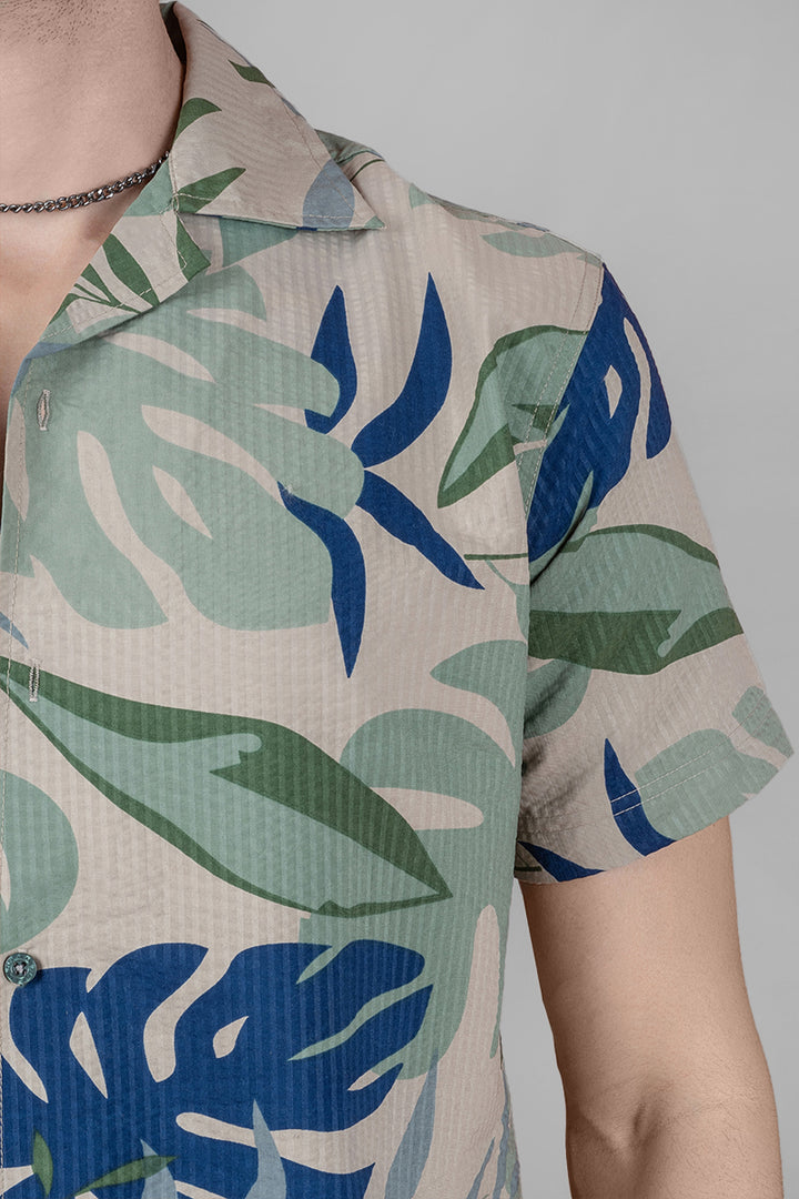 Blue Green Tropical Print Cuban Collar Shirt