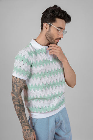 Men's Sea Green Crochet Polo Collar T-Shirt