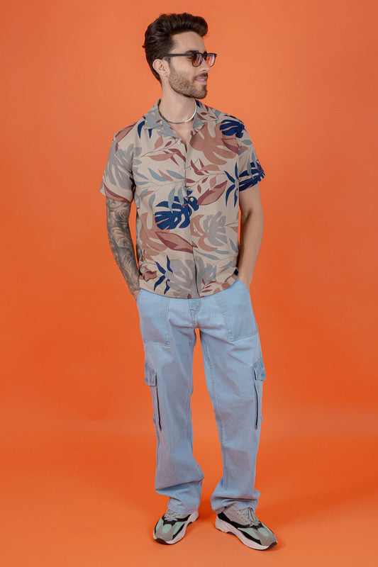 Men's Regular Fit Cuban Collar Cotton Shirt with Tropical Print - Brown Flower