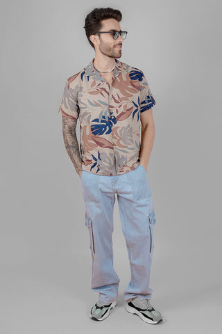 Brown Tropical Print Cuban Collar Shirt