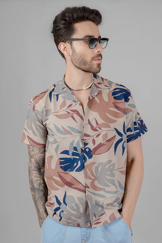 Brown Tropical Print Cuban Collar Shirt