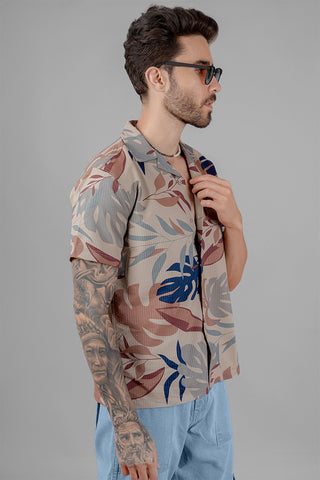 Brown Tropical Print Cuban Collar Shirt