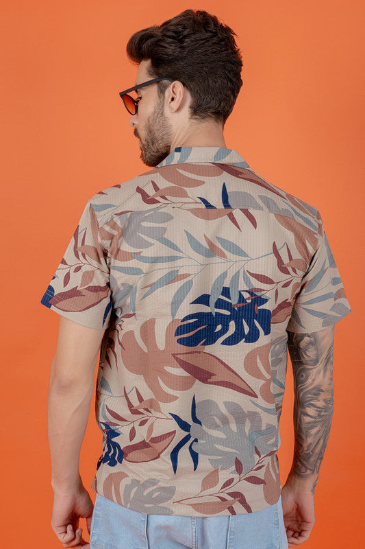 Men's Regular Fit Cuban Collar Cotton Shirt with Tropical Print - Brown Flower