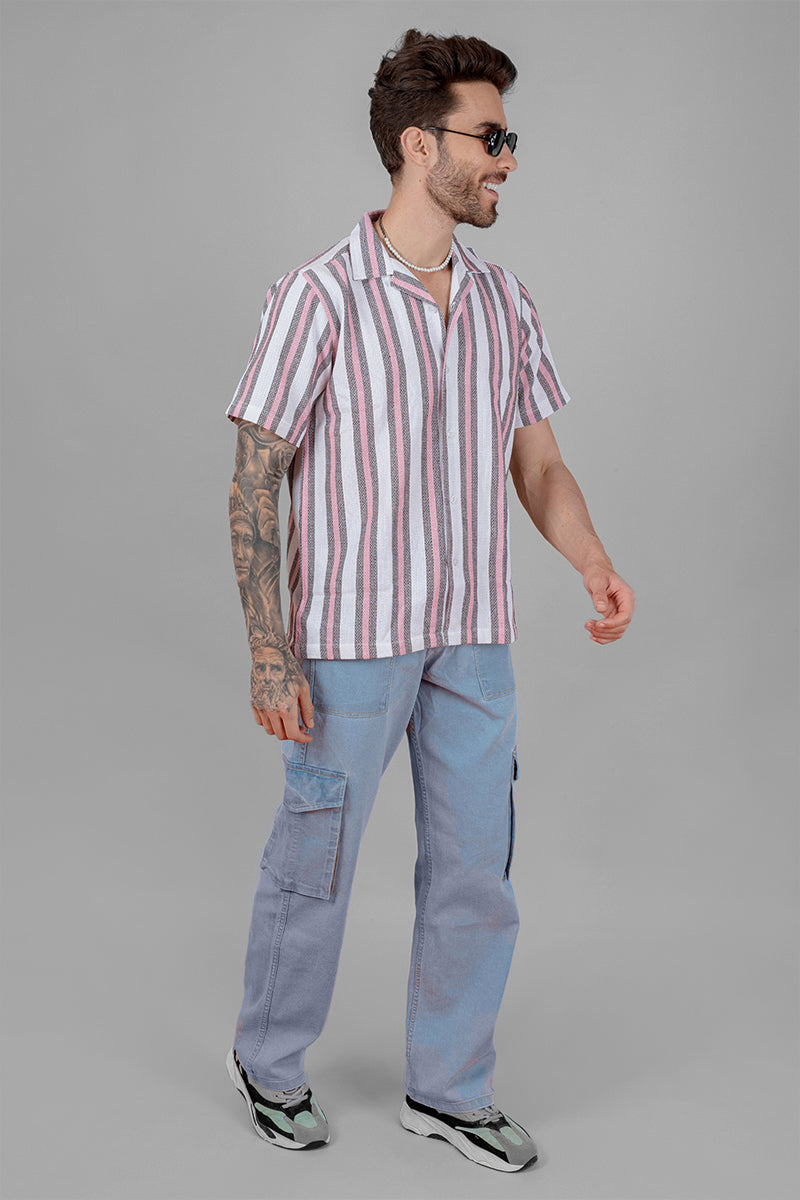 Men's Cuban Collar Shirt - Pink Stripes